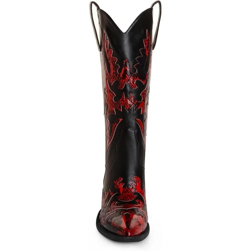 Women's Black/Red Claremont' Sexy Cowboy Boots Mid Calf Knee-high Patchwork